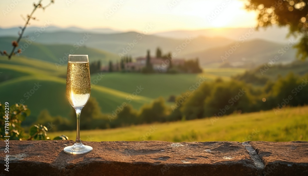 Obraz premium Champagne glass sits on rustic stone wall. Golden bubbles reflect warm sunset light. Scenic view unfolds across green rolling hills, with distant Italian villa, cypress trees. Perfect for romance,