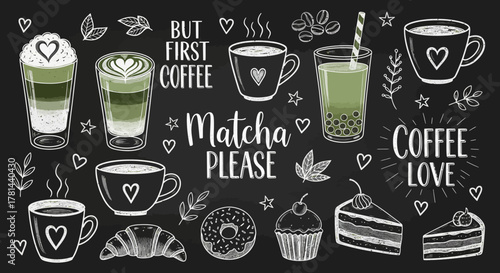 Cute Coffee and Matcha Doodle Collage Whimsical Beverage Art