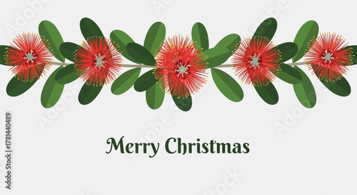 Festive pohutukawa flower garland decoration with merry christmas greeting on a light background
