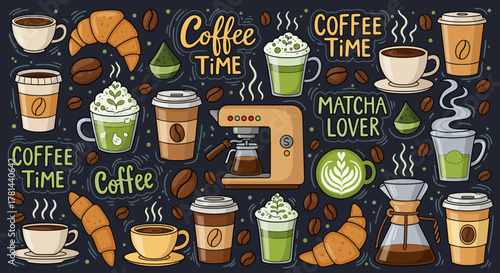 Cute Coffee Matcha Doodle Collage A Delightful Collection of Coffee, Matcha, and Baking Illustrations