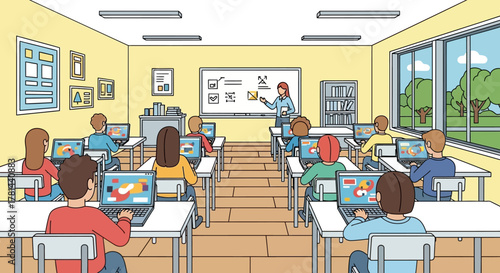 Classroom learning environment showing students working on computers, teacher lecturing