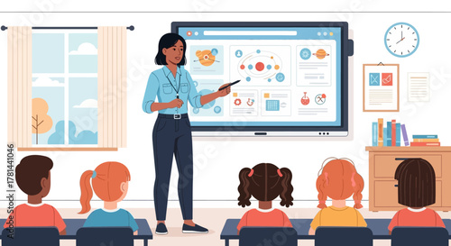 Teacher presenting a lesson on a digital smartboard to a diverse group of young students in a classroom setting