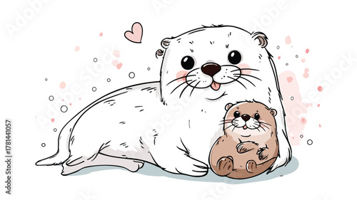 Adorable Cute Kawaii Otter and Baby Cartoon Characters Illustration