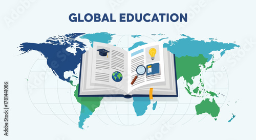 Global Education An Open Book with a Magnifying Glass and Lightbulb Symbolizing Knowledge and Discovery Across the World Map