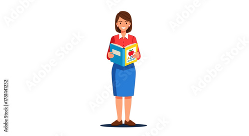 Smiling female teacher holding an open book featuring an apple illustration, symbolizing the concept of education, knowledge, and intellectual growth