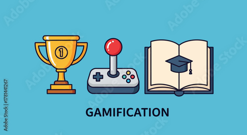 Conceptual illustration of gamification principles, using icons of a trophy, joystick, and book to represent reward, play, and learning