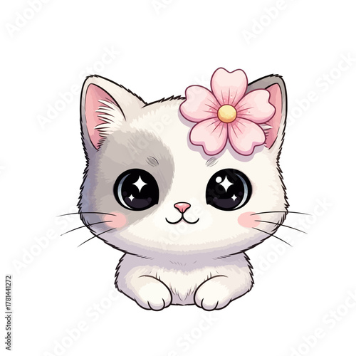 Adorable illustration of a cute white kitten with large, sparkling eyes and a delicate pink flower behind its ear, embodying playful innocence and charming appeal