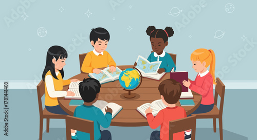 Children Studying Together A Diverse Group of Kids Learning in a Circle, Focused on Globes and Books