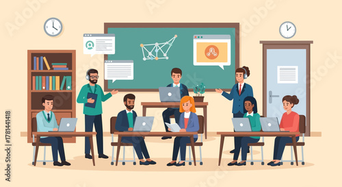 Diverse team engaged in a corporate training seminar with a presenter and digital blackboard illustration