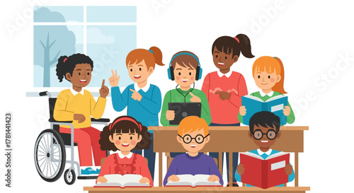 Diverse Group of Happy School Children Learning Together in an Inclusive Classroom Setting, Fostering Education and Friendship