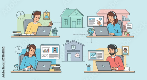 Illustration of people working and studying remotely from home with connections between houses