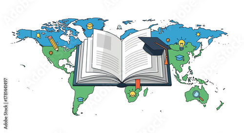 Open book with graduation cap and pencils on world map showing education and knowledge across the globe