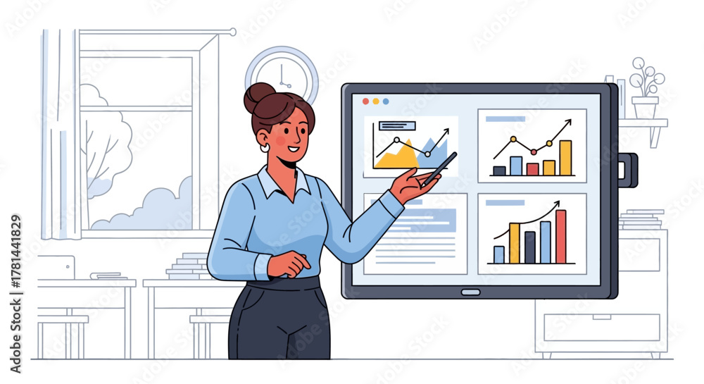 Fototapeta premium Businesswoman Giving a Presentation Analyzing Charts and Data on a Digital Display