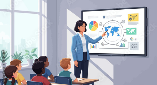 Interactive Classroom Teacher Engages Students with Modern Technology for a Dynamic Lesson