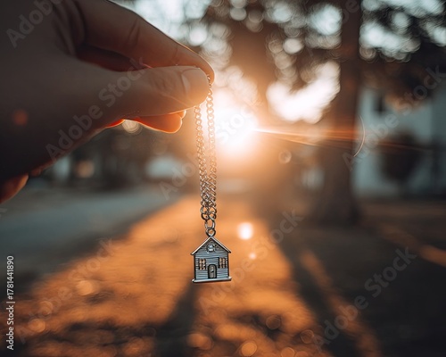 Hand Holding Home Shaped Pendant Necklace During Sunset