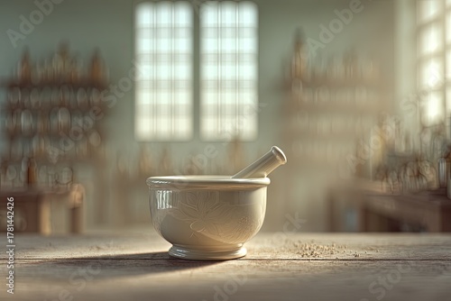 Vintage White Mortar And Pestle In Laboratory Setting
