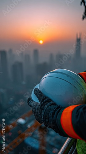 Construction Worker Holding Safety Helmet At Sunrise City View