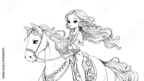 Adorable Princess Riding Horse Coloring Page Illustration