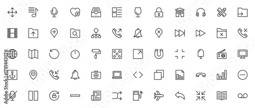 iOS & UI icon set. Minimal line vector icons pack. Icludes symbols for phone, usic, media, apps, setting, communication, tools andmore. Editable stroke.