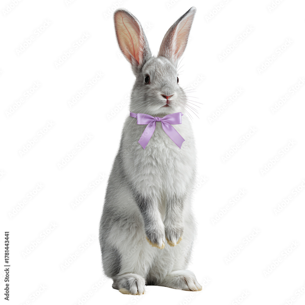 Fototapeta premium Adorable fluffy gray and white rabbit standing upright, wearing a decorative purple bow tie, isolated as a cute animal design element on a transparent background.