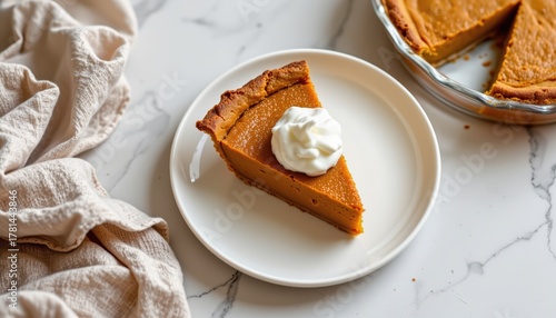 Slice of Delicious Pumpkin Pie with Whipped Cream on White Plate, airy background for holiday dessert advertisements