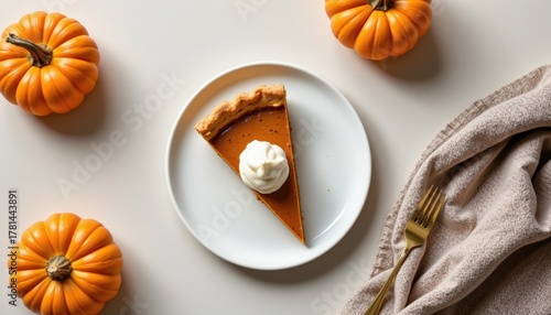Delicious slice of pumpkin pie with whipped cream on a white plate, surrounded by mini pumpkins for autumn and Thanksgiving stock photos