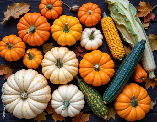 Abundant Autumn Harvest Flat Lay: Pumpkins, Gourds, Corn, and Squash on Rustic Wooden Background, Perfect for Fall Decor and Thanksgiving Concepts
