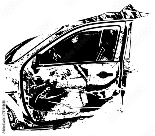 Wrecked car damage after collision on roadway
