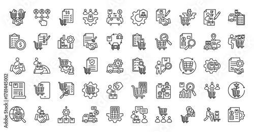 Purchasing icon set outline containing procurement, supplier, selection, order, vendor, management, inventory, agreement, sourcing, evaluation, fulfillment, payment term, requisition, replenishment