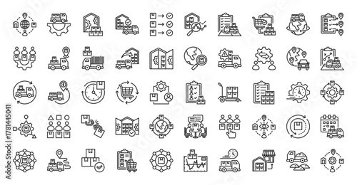 Supply chain icon set outline containing management, inventory, fulfillment, stock control, forecasting, planning, procurement, logistic, demand, supplier, distribution,  raw material, product