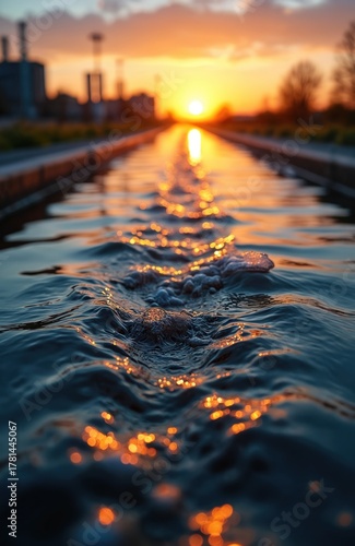 Water flows in wide concrete channel. Golden sunset light reflects brightly on moving water surface. Industrial buildings in blurred background. Ripples, aeration bubbles clearly show movement.