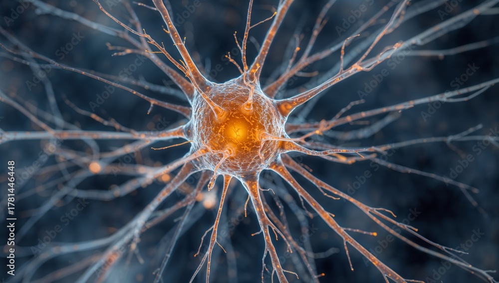 Obraz premium Neurons With Glowing Orange Center: High-Detail Nerve Cell Network in Neuroscience Visualization