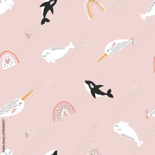 Cute Arctic Whales Seamless Pattern. Adorable Narwhal, Beluga, and Orca, Rainbows Kids Background