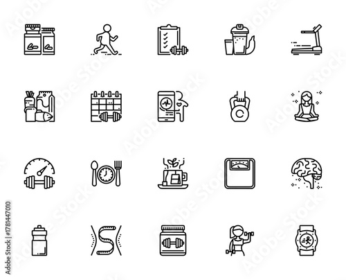 Health icon set. Minimal linear vector icons. Fitnes and wellness pack. Includs symbols for supplements,running, treadmill, meditaion, healthy food, protein smartwatch and more.