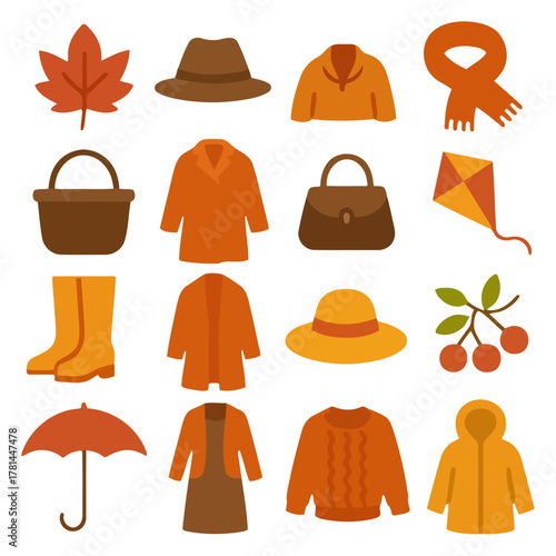 Autumn Essentials: A charming collection of iconic autumn items, including a cozy hat, fashionable jacket, warm scarf, rain boots, and umbrella, perfect for the crisp fall weather.