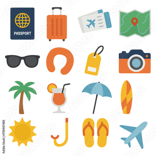 Travel Essentials: A curated collection of travel icons, embodying the spirit of exploration and adventure, ready to inspire your next journey.