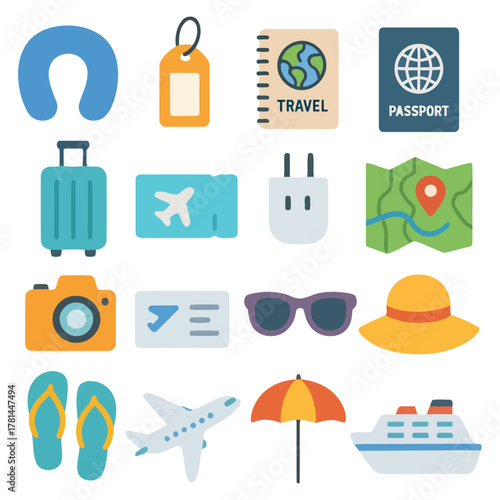 Travel Essentials Icons: A vibrant collection of essential travel icons, inviting viewers to embark on a journey filled with exploration, adventure, and unforgettable moments. 