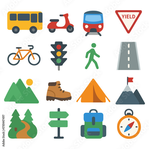 Transport Icons: A collection of diverse transportation icons, including a bus, scooter, train, yield sign, bicycle, traffic light, pedestrian, road, mountains, hiking boot, tent, mountain, path.