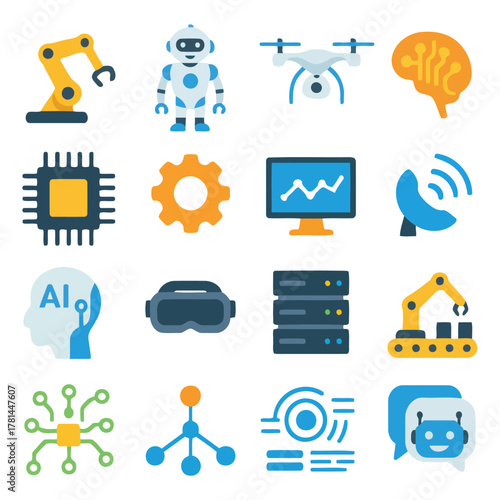 Technological Icons Array: A collection of various technological icons, representing innovations and advancements in robotics, artificial intelligence, and data processing.