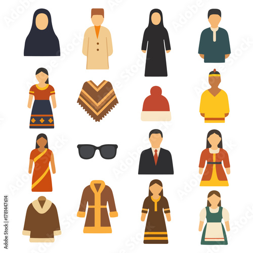 Cultural Attire Collection: A vibrant assortment of symbolic illustrations, each representing unique traditional garments and accessories from diverse cultural backgrounds, including a veil, turban.