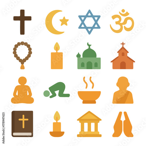 Religious Icons in Harmony: A vibrant arrangement of religious symbols, reflecting the beauty and diversity of faiths, symbolizing unity and tolerance.