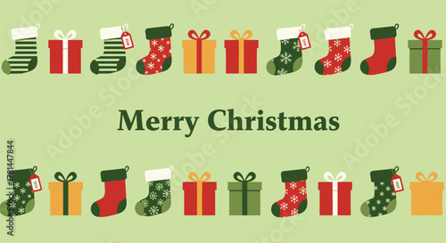 Festive merry christmas greeting with rows of colorful holiday stockings and gift boxes on a light green background