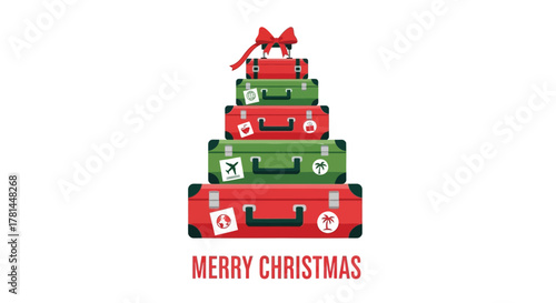 Stack of red and green christmas suitcases tied with a red bow and merry christmas text