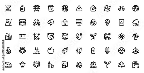 Ecology icon set. Vector environmental symbols colletion. Features eco, recyclng, global warming, solar anels, biofuel, green enery and more. Editable strok.