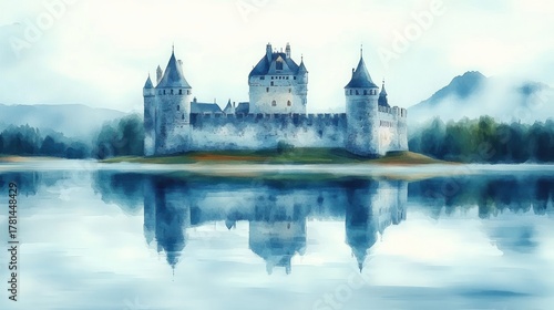 Wallpaper Mural A majestic stone castle with multiple towers reflected in tranquil lake water surrounded by misty forest and distant mountains under a cloudy sky Torontodigital.ca