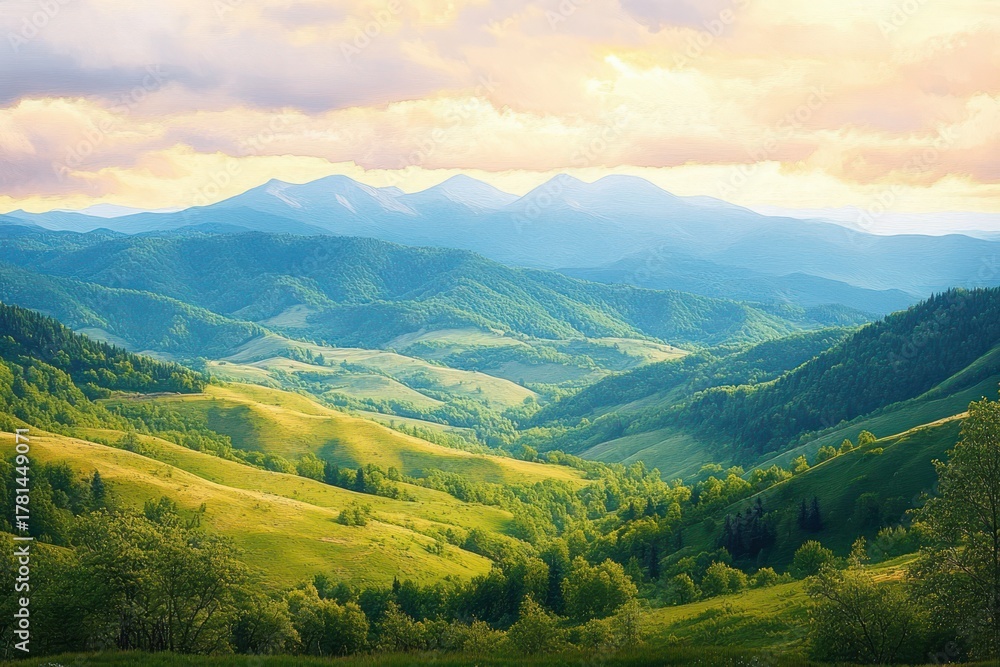 Naklejka premium Expansive green mountain valley under soft pastel sunset sky with layered distant peaks and illuminated rolling hills