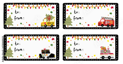 Set clipart collections of blank empty kids template christmas gift label tag stickers with community cars vehicle transportation themes watercolor crayon doodle hand drawn illustration design