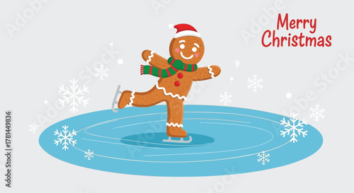 Cute gingerbread man wearing a santa hat and scarf ice skating on a frozen pond with snowflakes and merry christmas text