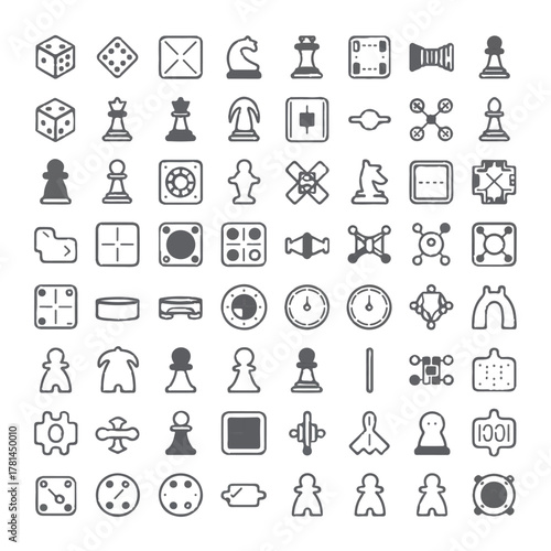 Assorted game icons isolated on white background, including dice, chess, and board game pieces