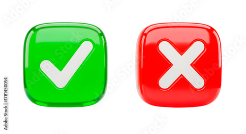 Green check mark and red cross isolated on transparent background